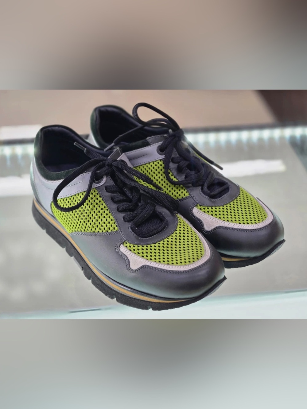 Salvatore Ferragamo Sneakers 7.5 EE Green Mesh Leather Italy $2100 Retail